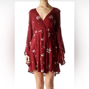Free People - Jasmine Embroidered Wrap Dress - Maroon with Flower Embroidery
